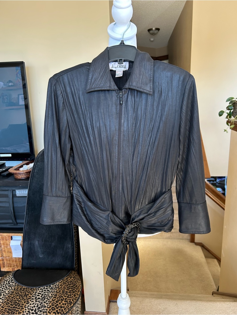 Vintage Joseph Ribkoff Black zip up Belted Blouse/ lightweight Jacket/ shimmer